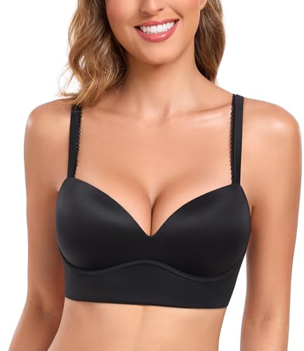 Lemorosy Women's Push Up Pullover Bra Wirefree Plunge Padding Plus Size Comfort Bralette(Black 36C)