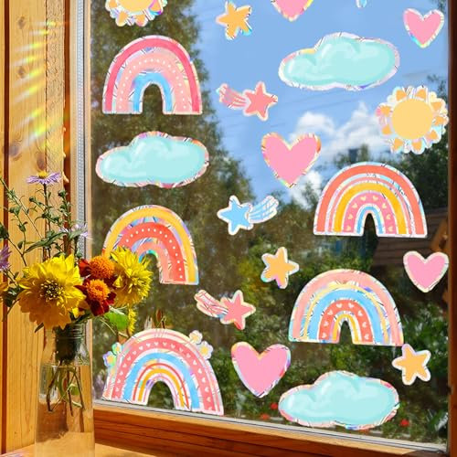 Regenbogen Fensterbilder Prisma Fensteraufkleber Vogelschutz, 30 Stück Rainbow Suncatcher Sticker, Regenbogen Folie Fenster Anti Kollisions Aufkleber,Sonnenfänger Sticker für Fensterfolie Glasscheiben