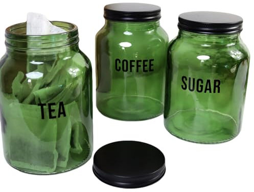 Darthome Glass Tea Coffee Sugar Canisters Retro Green Black Airtight Lids Kitchen Storage