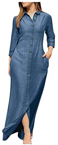 Wyongtao 2024 Robe Femme De Jean Manche Longue Lâche Robes Automne Femme Mi-Longue Jean Avec Poches Robe Décontractée Rétro Hauts Couleur Unie Mode Robes De Soirée Avec Boutons Pas Cher