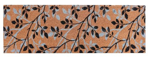 Extra Long Printed Coir Doormat 40x125cm Non-Slip Backing Large Natural Runner for Hallway Entrance Indoor Outdoor Dirt Trapping Heavy Duty Coconut Fibre Mat [Grey & Black Leaf]