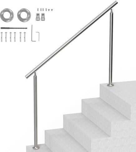 VEVOR Handrails for Outdoor Steps, 59 in/ 150cm Length Stair Hand Rail Kit, Transitional Stainless Steel Railings with Installation Kit, Double-Column Staircase Handrails for Seniors,Porch & Deck