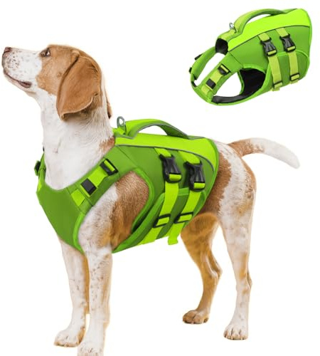 Qeenmore Gilet de Sauvetage pour Chien Taille L - Vert, Ripstop, avec Poignée de Sauvetage, pour Bulldog Français, Dachshund