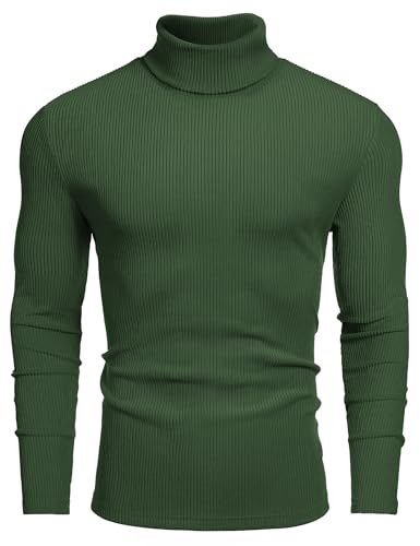 COOFANDY Jersey Hombre Cuello Vuelto Suéter Ajustado Manga Larga Punto Invierno Capa Interior Verde Militar L