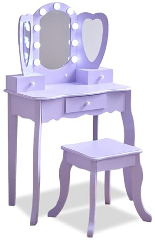 Teamson hjärtformad sminkbord för barn i violett med LED-lampor, trippelspegel, pall och förvaringslådor, uppmuntrar kreativitet, självförtroende och organisation