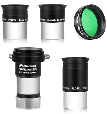 Astromania 1.25 Color/Planetary Filter - #56 Green - Bundle with - 1.25 Plossl Eyepiece Set (4 10 25mm) with 2X Barlow