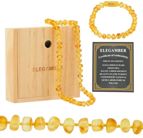 ELEGAMBER Ensemble de collier et bracelet en ambre de la Baltique - 100 % certifié et authentique - Perles d'ambre véritable - 32 + 14 cm (ensemble cognac)