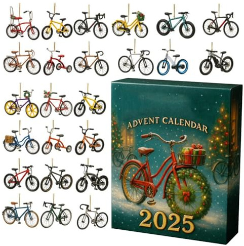 Julcykeldekorationsset – adventskalenderlåda, 2D akryl hänge, mini julgransdekorationer för cykelfans, handgjord festivaldekoration, box