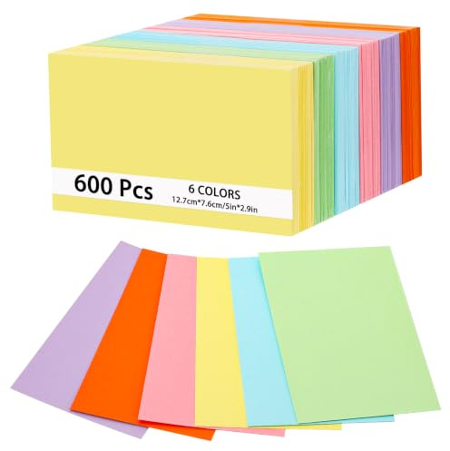 Lot de 600 Cartes de Modération, 12,7 x 7,6 cm, 6 Couleurs | 150 g/m² Cartes D'apprentissage Vierges, Idéales pour L'apprentissage du Vocabulaire, Présentations, École, Bureau