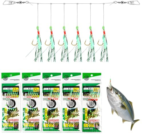 Ensemble de 5 montages avec Perles Lumineuses pour la pêche, hameçons en Acier Carbone teflonisé, attracteurs bioniques, kit Polyvalent pour maquereaux, morues, harengs, Bars