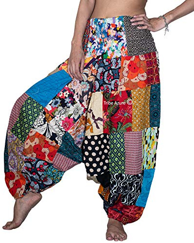 Tribe Azure 100% Cotton Harem Pants Colorful Summer Hippie Yoga Boho Casual Fashion Women (Large)