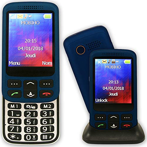 Mobiho-Essentiel Le Zip Elegant 3G Bleu - Un Mobile Senior Coulissant GSM 2G et 3G. Son Fort, Grand écran 2.80’’ - SMS et MMS - Bluetooth - Base - SOS - Appels directs - Lampe - Telephone DEBLOQUE