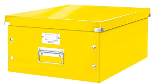 Leitz Click & Store Aufbewahrungsbox mit Deckel Groß, Box für Unterlagen bis A3 im Büro oder Haushalt, Transportbox aus 85 % recycelter Premium-Hartpappe, Stabile Metallgriffe, Gelb, 60450016