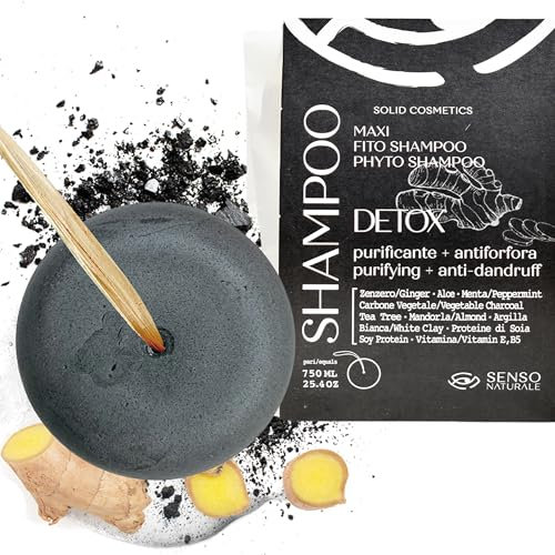 Senso Naturale Festes Shampoo Detox Reinigung Anti-Schuppen und Seborrhoisches Dermatitis für Fettiges Haar, mit Holzkohle, Tea Tree, Ingwer, Kokosnussöl 100% Natürlich und Vegan ph 4,5-5,0