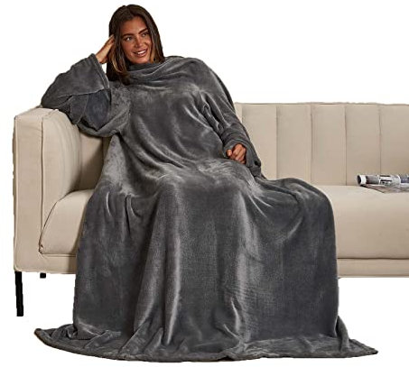 OHS Blanket with Sleeves Women Grey, Soft Cosy Wearable Blanket Fluffy Sherpa Fleece Snuggle Blanket Relaxing Winter Present for Her Him