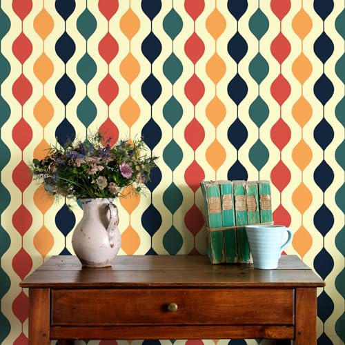 JiffDiff Carta da parati rimovibile arcobaleno anni '70, carta da parati retrò a scacchi neon alla moda, decorazione da parete colorata peel and stick, decorazione moderna metà secolo, decalcomania