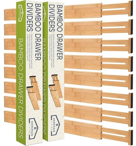 Homemaid Living Bamboo Drawer Dividers Adjustable & Expandable, Kitchen Drawer Organizer, Ideal for Silverware, Dresser Drawers Organizer or Bedroom & Bathroom Drawers Organizers (8pk)