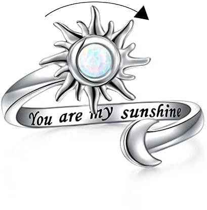 Angst Ring für Damen S925 Sterling Silber Erstellter Opal Sonne und Mond Fidget Spinner Ring Verstellbar Offene Endgravur You are my Sunshine Spinner Geschenk für Sie (57 (18.1))
