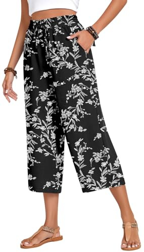 Anyhold Womens Plus Size Capri Pants Loose High Waisted Wide Leg Lounge Pants Drawstring Casual Palazzo Trousers with Pockets 2X-Large, White Carvings
