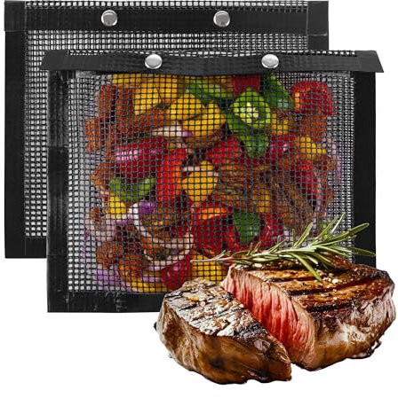 Albert Austin Pack of 2 BBQ Grill Mesh Bags Reusable Nonstick Grill Bags with Snap Button for Charcoal Gas and Electric Grills Smokers BBQ Veggie Grill Bags for Cooking Vegetable and Grilling Meat