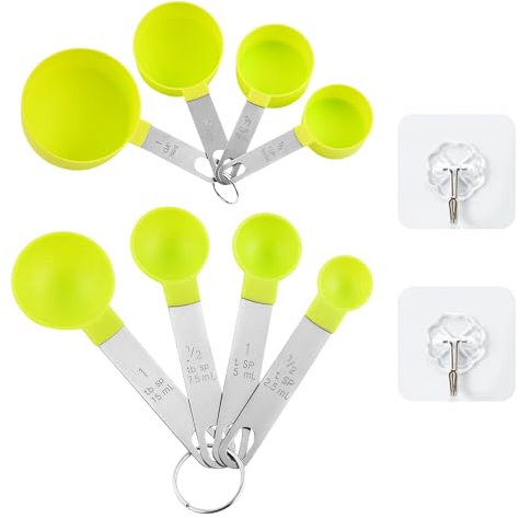 Juego de 8 Cucharas Medidoras, 2 Ganchos y Vaso Medidor de Acero Inoxidable para Hornear y Especias de Cocina