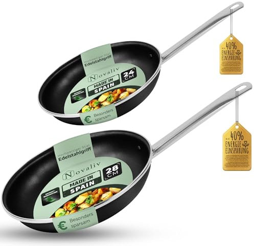Novaliv Energiesparpfanne 24-28 cm Einsparung bis zu 40% Emaillierter Stahl Antihaft Beschichtung innen sehr leicht zu reinigen Schwarz Pfanne für alle Herdarten Spülmaschinenfest Edelstahlgriff