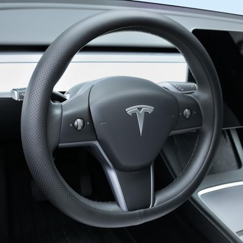 Uxcer Nappa Leather Steering Wheel Cover Compatible with Tesla Model 3/Y 2016-2025 2026 Juniper/Highland, Non-Slip Breathable Model 3/Y Steering Wheel Protector, Black