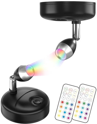 TrustWheel RGB LED Spot Lights Battery Operated with Remote Control, Small Wireless Spotlights Indoor, 12 RGB + White Light for Display Cabinet, Art Statue, Plant Uplighter, RV (Black, 2-Pack)