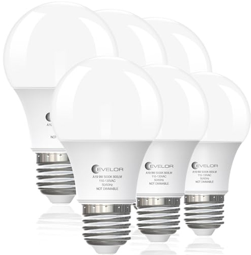 evelor 6-Pack A19 LED Light Bulbs,60 Watt Equivalent Daylight 5000K with E26 Base,Efficient 9W,800 Lumens Non-Dimmable LED Bulbs,15000 Hours, Ideal for Bedroom Living Room