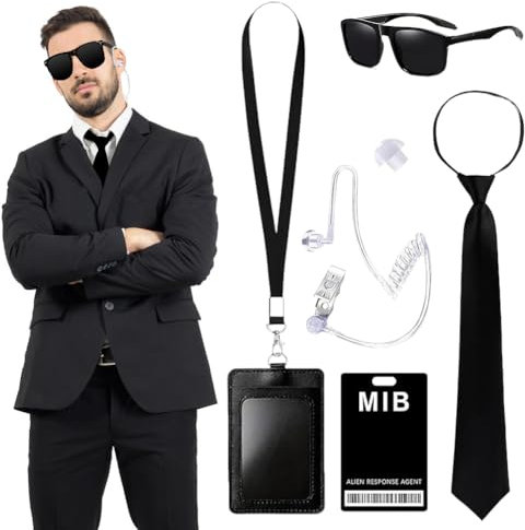 Piashow 6PCS Agent Kostüm Zubehör,Agenten-Outfit, Geheimdienst Kostüm Set Spion Kostüm Zubehör mit schwarzer Sonnenbrille Zip Krawatte Hörer ID Karte und Kartenhalter für Männer Frauen Kinder