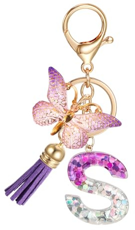 JSRQT Porte-clés Lettre Initiale S en Résine Violette pour Femme et Filles - Alphabet avec Pendentif Papillon et Pompon - Pour Sac à Main et Sac à Dos