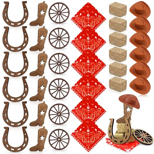 36PCS Western Centerpieces Mini Horse Hoof Boots Brown Cowboy Hat Wheel Hay Bales Suitable Western Party Decorations for Crafts Birthday Weddings and Cowboy Party Favors