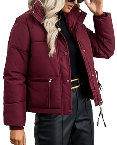Chaqueta acolchada corta para mujer, ligera, con cremallera, abrigo de invierno cálido y acolchado con bolsillos.