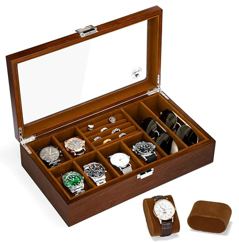 Slege Boîte à Montres en Bois 6 Emplacements,Coffret à Montres avec Couvercle en Verre,Organisateur de Rangement pour Montre,Boîte à Bijoux,pour Montre,Bague,Lunette de Soleil,Cadeau pour Homme Femme