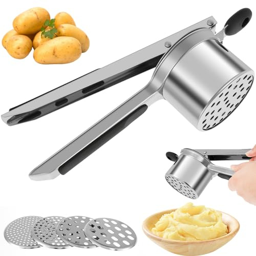 Prensa de patatas 4 en 1 de acero inoxidable con mango de silicona antideslizante, resistente a la corrosión, prensa de spätzle, suave, para preparar puré de verduras, comida para bebés