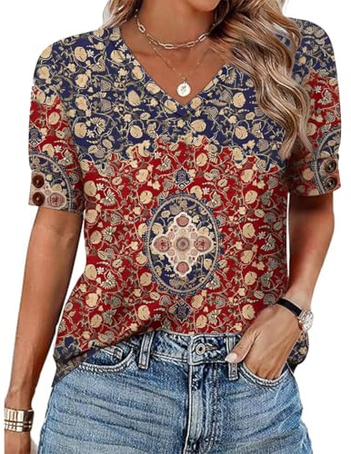 GRMLRPT T-Shirt Femme Été Blouse Décontracté Col V Imprimé Tops à Manches Courtes Hauts Chic Ete Chemisier(Multicolore1,S-XXL)