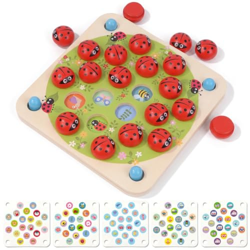 WOODENFUN Wooden Ladybug Memory Matching Game Montessori Educational Toy | with 20 Chunky Pieces & 5 Double-Sided Cards, Focus & Fine Motor Skills,Birthday Gift for Kids