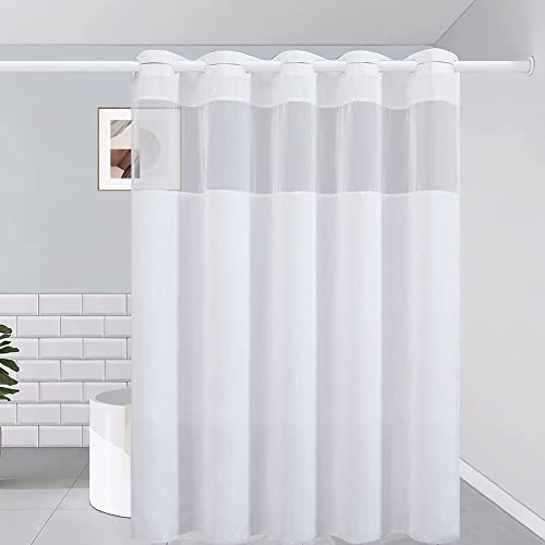Furlinic Extra Long No Hook Shower Curtain,Polyester Fabric Bathroom Curtains with Mesh Top Window,Waterproof & Mahcine Washable,White,78x96 Inch