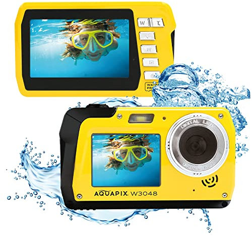Aquapix W3048 'Edge' Unterwasserkamera mit Zwei Displays, wasserfest bis 3 m, bis zu 48 MP Auflösung, 16x Digital-Zoom, 13 MP Sensor, Video bis 4K, Gelb