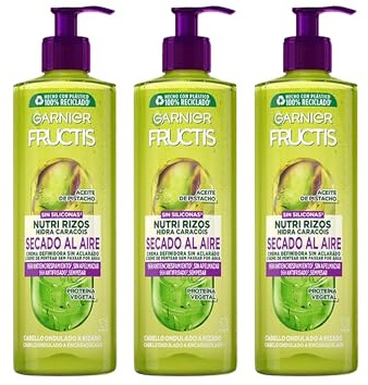 Garnier Fructis, Crema Sin Aclarado Nutri Rizos Secado al Aire, para Pelo Rizado u Ondulado, Con Pectina de Fruta y Aceite de Pistacho, Nutre y Define tu Rizos Sin Secador, Pack 3x400ml