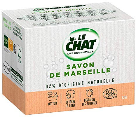 Le Chat Les Essentiels - Sapone di Marsiglia solido - (335 g) - Fiocco di sapone di Marsiglia multiuso - Pulisce sgrassa staccabile, noce di cocco