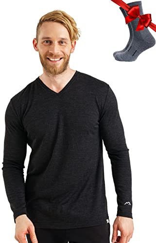 100% Merino Wool Base Layer Men - Long Sleeve Thermal Shirts + Hiking Socks (XXX-Large, 165 Heathered Black V)