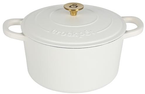 Crock Pot Artisan - Horno holandés redondo de 7 cuartos de galón, lino blanco mate con perilla dorada