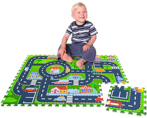 LittleTom 12 Teile Puzzlematte Straße für Kinder - 30x30 Indoor & Outdoor - Spielzeug Autostrasse Puzzle - Spielteppich Straße Spielmatte Auto Kinderteppich Puzzlematte - Spielstraße für Autos Kinder