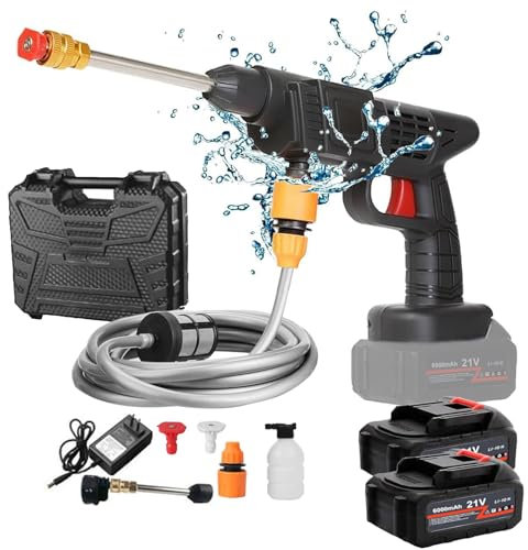 bestyks Akku Hochdruckreiniger Mobiler Hochdruckreiniger mit 2 Akku 6000mAh, 26 Bar Kabellose Tragbare Hochdruck-sprühwasserpistole mit 5m Schlauch für Auto, Terrasse, Fenste, Rasen,Gartenbewässerung