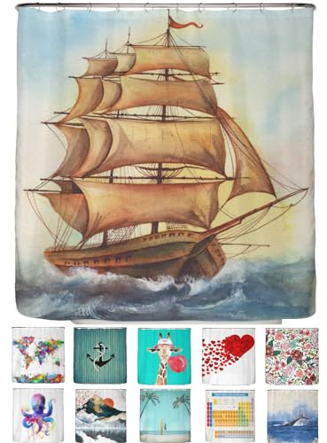 arteneur® - Wasserfarben Piratenschiff - Anti-Schimmel Duschvorhang 180x200 - Recycelt mit Öko-Tex Standard 100 - Beschwerter Saum, Blickdicht, Wasserdicht, Waschbar, 12 Ringe & E-Book