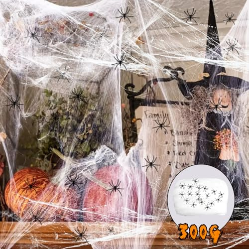 Halloweendekoration, halloween spindelnät dekorationsset, 300 g stretchigt spindelnät 60 konstgjorda spindelnät – perfekt för halloween inomhus/utomhus, trädgård, dörr, fönster, öppen spis, hus,