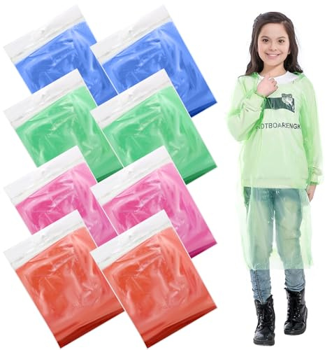 ZOCONE 8 Pack Rain Poncho Kids Disposable Ponchos for Girls Boys, Waterproof Poncho Kids Plastic Rain Ponchos with Hoods, Clear Poncho Emergency Rain Jacket for Festival Camping Essentials (4 Colors)