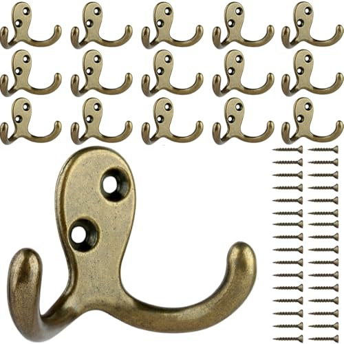 IBosins 16 Pack Heavy Duty Double Prong Coat Hooks Wall Mounted Antique Brass Wall Hook Rustic Utility Hooks for Coat, Scarf, Bag, Towel, Key, Cap, Cup, Hat