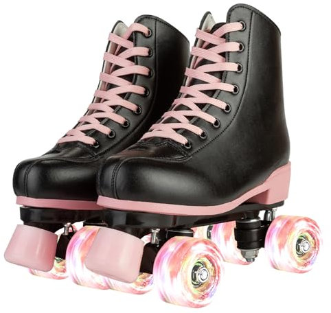XUDREZ Rollschuhe für Damen und Mädchen, schwarz, Derby-Skates für Erwachsene, zweireihig, beleuchtet, für Jugendliche, Erwachsene und Anfänger (EUR 94–23 cm – UK: Damen 37/Herren 37)